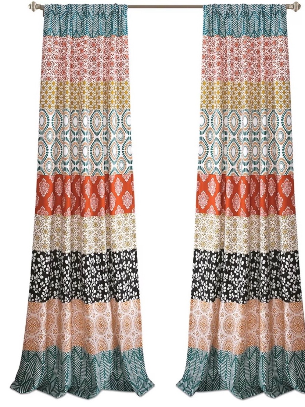Lush Boho Tiered Curtain Panels in Teal, Rust, Black & Cream